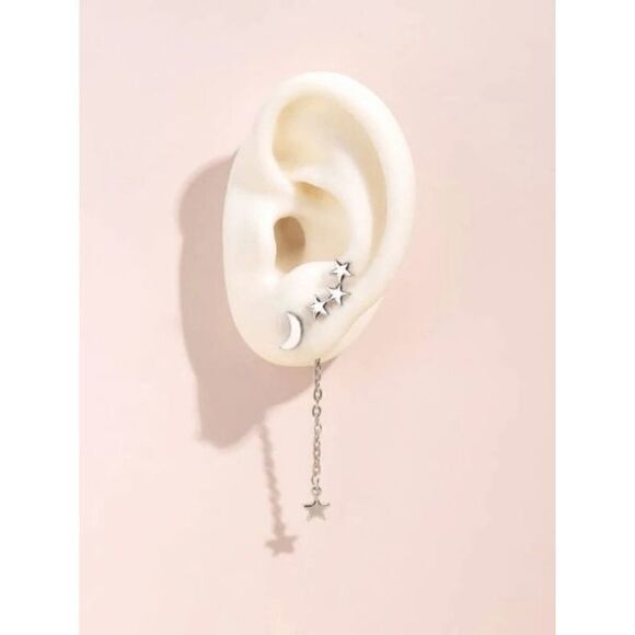 SILVER MOON AND STAR CHAIN DANGLE EARRINGS - 4 PIECE SET - Picture 3 of 5